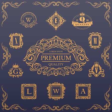 Calligraphic design elements collection, vector illustration, includes frames, page decoration,vintage floral elementsのイラスト素材