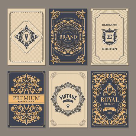 Calligraphic vintage floral cards collection, vector illustrationのイラスト素材