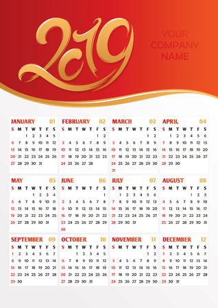 2019 office calendar with calligraphic new year stylized numbers. Vector illustrationのイラスト素材