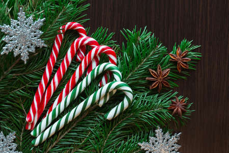 Christmas card. Candies, spruce, candy, starの写真素材