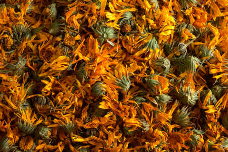 Dried calendula herb flowers. Calendula broth improves healthの写真素材