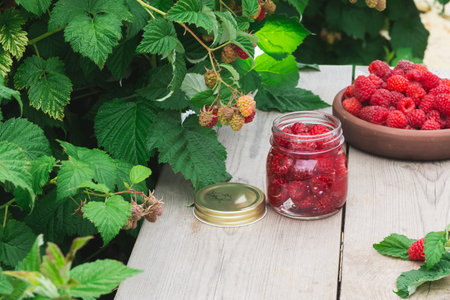 Raspberry berry fresh in a clay plate and in a can for canning on a wooden table near a raspberry bush. horizontal viewの写真素材