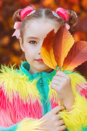 A girl in colored clothes covers half of her face with an autumn yellow-red leaf, a large portraitの写真素材