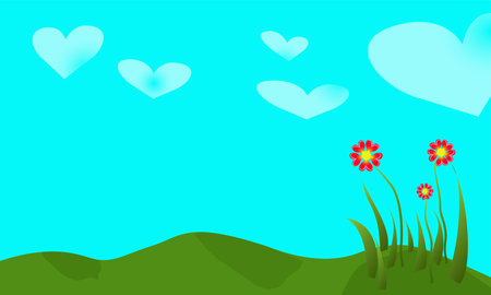 An illustrated postcard with the theme of Valentine's day. Landscape with clouds and flowers in the form of a heartのイラスト素材