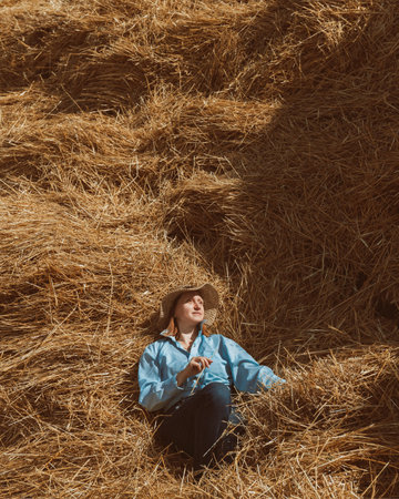 A woman in work clothes and a straw hat rests on a haystackの写真素材