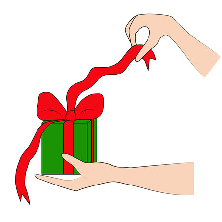 Woman's hands untie a bow on a gift box on a white background. Postcard for New year, Christmas, birthdayのイラスト素材