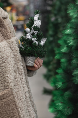 A woman in a fur coat with a small artificial Christmas tree in her hands in a storeの写真素材