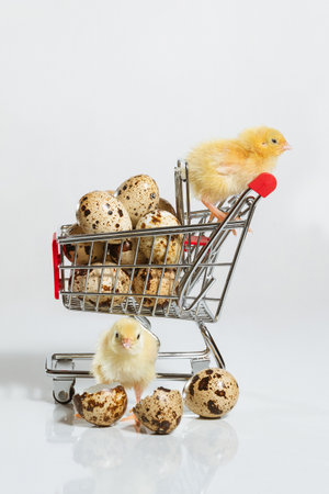 Quail chickens with a basket of quail eggs. The concept of a grocery basket and grocery sales in the storeの写真素材