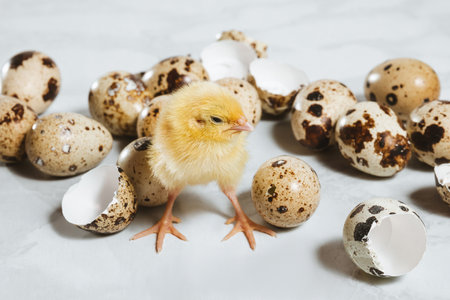 A quail chicken stands among quail eggs and shells on a white background. Poultry farming in incubatorsの写真素材