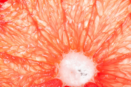 The texture of a red grapefruit in the section with the center, a macrophotography of fruitsの写真素材