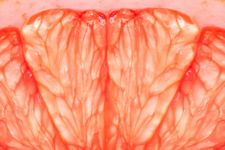 The texture of a red grapefruit in section, a macrophotography of fruitsの写真素材
