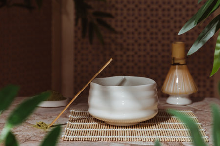 Japanese tea ceremony with a matcha. Tyawan, tyasaku, tyasen on a stone table top among bamboo leavesの写真素材