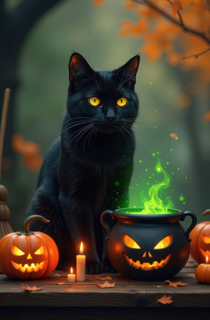 A Halloween postcard with a black cat sitting on a table near a cauldron of potion and ominous pumpkins against the background of an autumn forestの素材