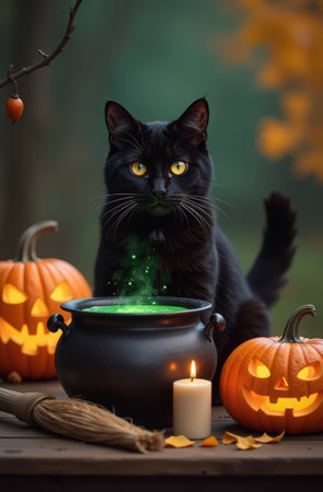 A black cat is sitting on a table next to a cauldron with a green potion and glowing pumpkins with eyes and mouth cut out. A postcard for Halloweenの素材