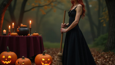 Halloween. A witch in a black dress holds a broom near a table with a cauldron, candles and ominous glowing pumpkins in the autumn forestの素材