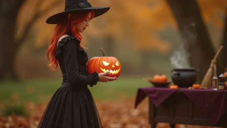 Halloween. A witch with red hair in a black dress and hat holds an ominous glowing pumpkin near the table against the background of autumn trees, copy spaceの素材