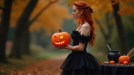 Halloween. A woman with red hair in a black dress holds an ominous glowing pumpkin near a table against the background of autumn trees, copy spaceの素材