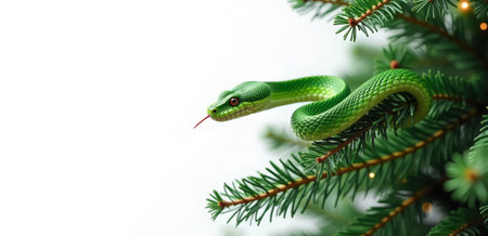 Banner, green snake with tongue on a Christmas tree on a white background with copy spaceの素材