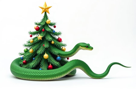 A green snake wraps around a decorated Christmas tree on a white backgroundの素材