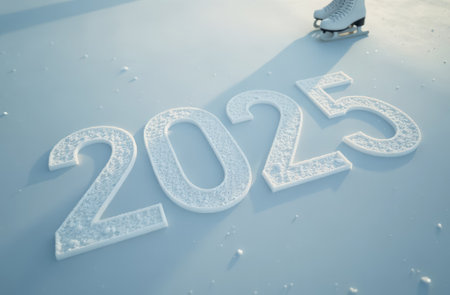 The numbers 2025 are made of snow and ice skates. New Year cardの素材
