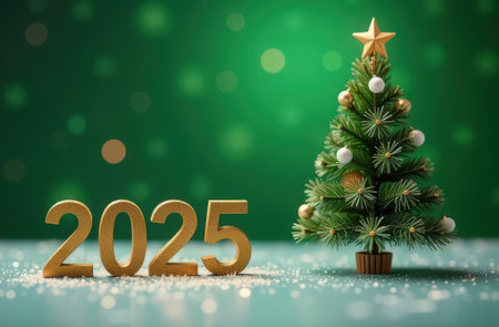 Gold numbers 2025 next to the Christmas tree on a green festive background with copy spaceの素材