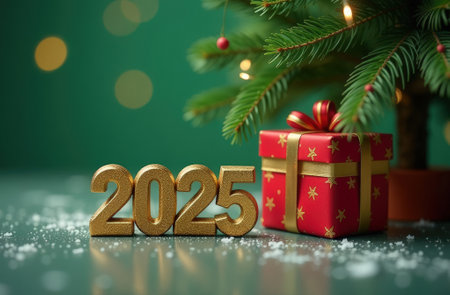 New Year's card with the image of the numbers 2025 and a gift under the Christmas tree on a green background with a bokeh, copy spaceの素材