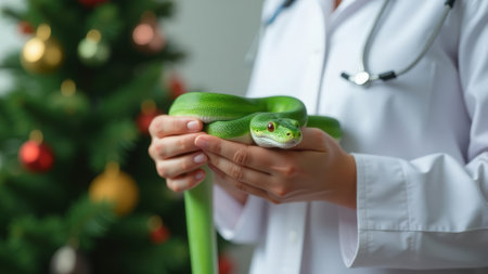 A long green snake in the arms of a veterinarian in a white coatの素材