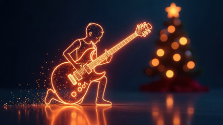 Neon glowing outline of a musician with a guitar on a dark background with a Christmas treeの素材