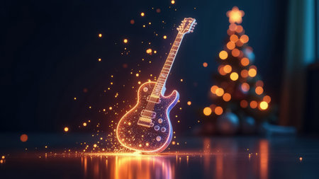 Neon glowing outline of a guitar on a dark background with a Christmas tree. New Year's card design for musiciansの素材