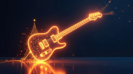 Neon glowing outline of a guitar and a Christmas tree on a dark backgroundの素材