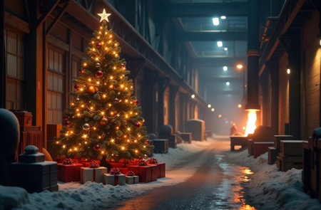Christmas tree with gifts at the foundry, metallurgical plantの素材