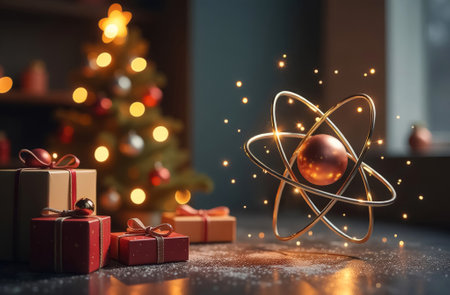 A symbol of the nuclear industry on a festive background with a Christmas tree and giftsの素材