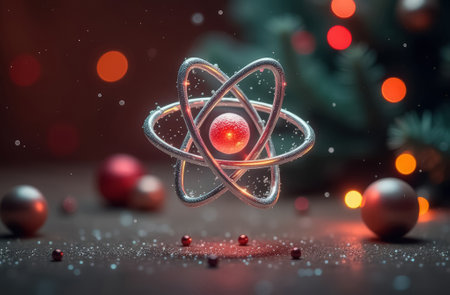 An atom with three orbits and a nucleus hovers against the background of a Christmas tree. The symbol of the nuclear industryの素材