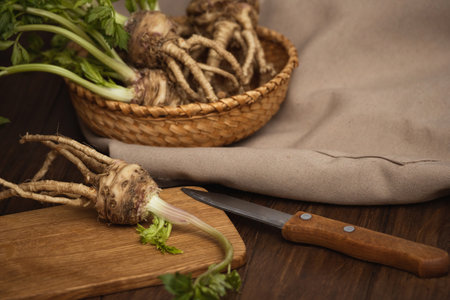 Harvest of celery root, ready for cleaning and cookingの写真素材