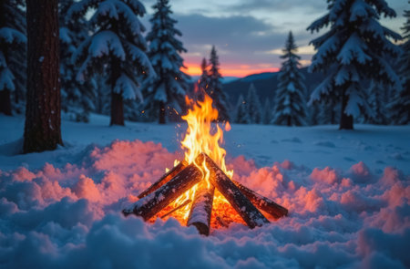 A burning campfire in the form of a hut in a winter snow-covered forestの素材