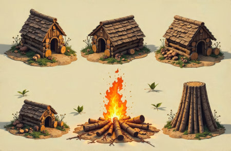 Wooden huts, a stump with a shadow from a burning fire in the shape of a starの素材