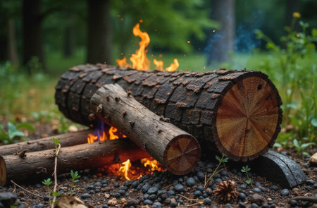 Burning logs of different diameters in a clearing in the forest close upの素材