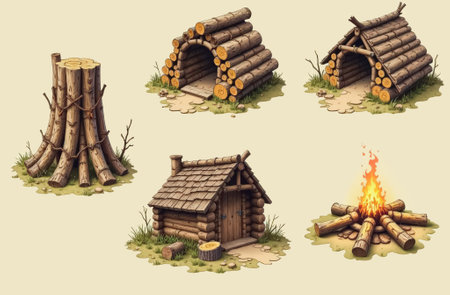 Wooden huts, a house, a stump and a burning bonfire in the shape of a starの素材