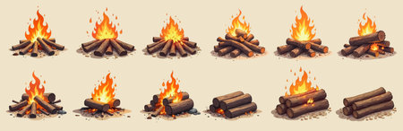 Burning bonfires with logs stacked in different waysの素材