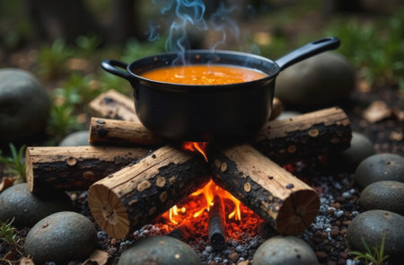 A pot of soup on a campfire in the forest, logs stacked in the shape of a starの素材