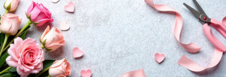 Pastel shades of roses, ribbon, hearts, scissors on a concrete background. A banner with copy spaceの素材