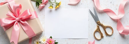 A packed gift with a pink bow, flowers, scissors, ribbon and an empty white sheet with copy space are on the tableの素材