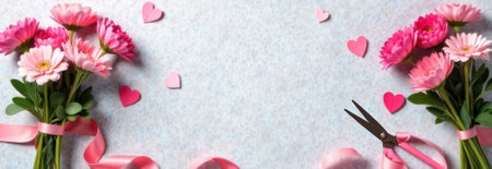 Banner with bouquets of pink gerberas, hearts for Valentine's day, with copy spaceの素材
