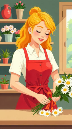 Cute blonde girl, florist collects a bouquet of daisies in a flower shopの素材