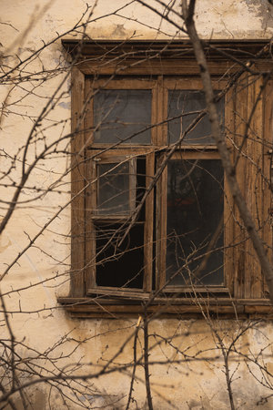 An old wooden window of an abandoned house behind the branches of trees without leaves close upの写真素材