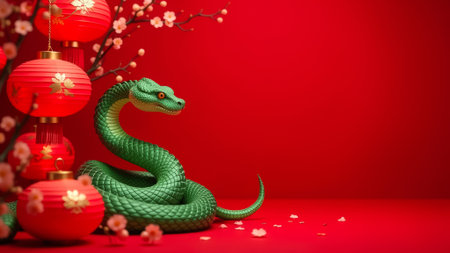 A green snake, red lanterns and blooming peach cherry trees, which are traditional Chinese symbols of good luck and prosperity and symbolize the Chinese New Year, on a red background with copy spaceの素材