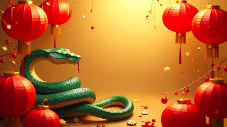 A large green snake with a red tongue among red Chinese lanterns on a golden background, Chinese New Year greetingsの素材