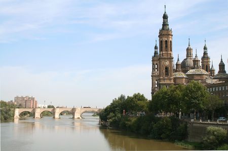 The Pilar Basilica on the bank of Ebro river, 17th century baroque. Zaragoza, Spain.の写真素材