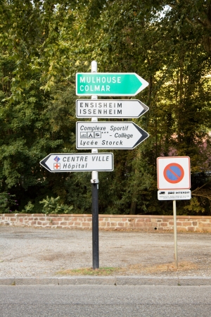Signpost in France  It is located in the Haut-Rhin department in Alsace near Guebwiller commune の写真素材
