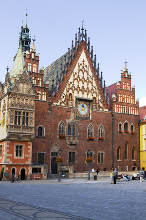 The ancient Town Hall on the Market square in Wroclaw, Poland. The town hall was built and developed from the 13th to the 16th century. It is used today for civic and cultural events. In addition, it houses a museum and a basement restaurant.のeditorial素材
